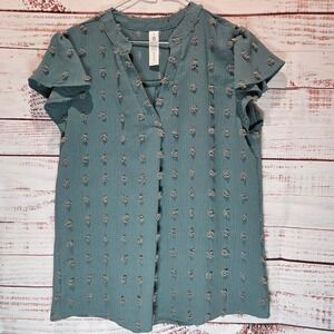 Teal Textured Boho Flutter Sleeve V Neck Top NWOT Women's Medium
